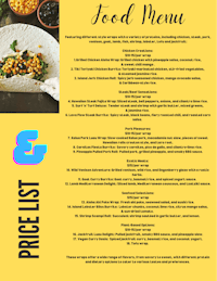 a food menu with a price list on a yellow background